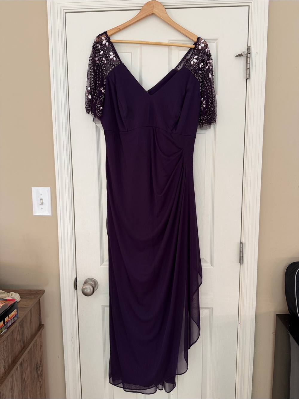 Xscape Deep Purple V-Neck Beaded Sleeve Maxi Dress